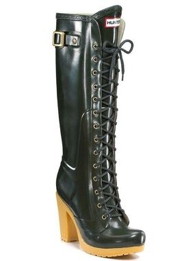 Hunter Green Lace-Up Tall Boots with Tan Heel